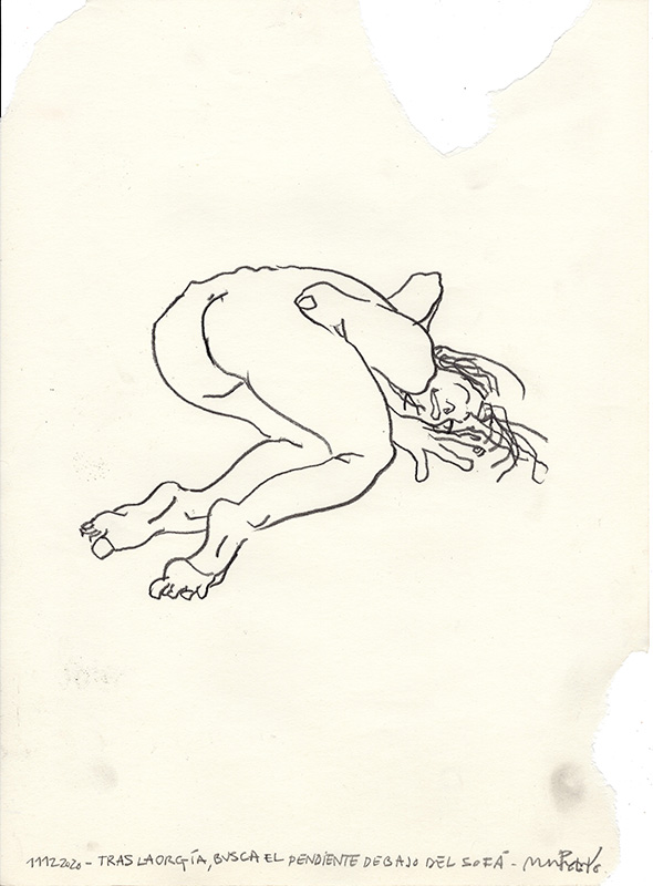 after the orgy, she looks for the earring under the sofa